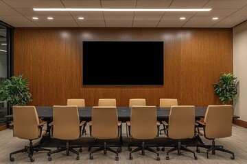 Modern conference room with a large display and wooden accents