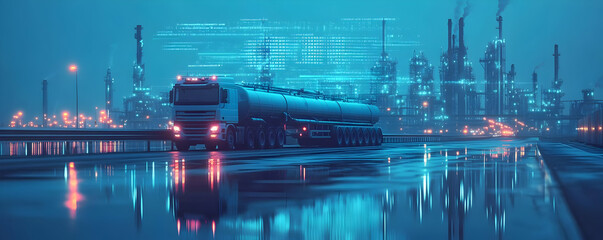 Tanker truck night refinery transport