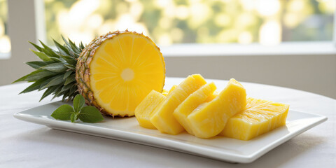 A fresh, juicy pineapple with its vibrant yellow flesh exposed after being sliced, sitting on a white porcelain plate