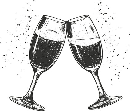 Illustration of two champagne glasses clinking with bubbles and splashes.