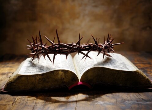 Crown of Thorns Resting on Holy Bible Open on Wooden Table, good friday