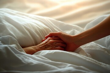 A comforting hand gently holding the wrinkled hand of an elderly person in bed, expressing support, love, and hope during a time of illness or loss.