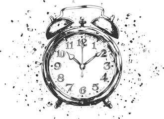 Vintage-style alarm clock illustration with scattered particles on white background.
