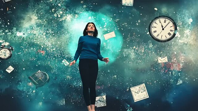Woman floating in space, surrounded by time and deadlines, illustrating overwhelm