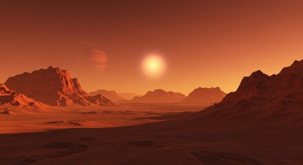 Fototapeta premium Stunning Martian Landscape with Sunset, Mountains, and Distant Planets