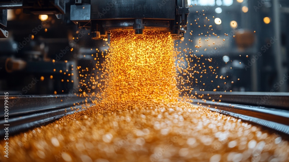 Poster Bright particles cascade from a manufacturing machine in a refinery, illustrating the automation and engineering involved in chemical processing and synthesis operations.