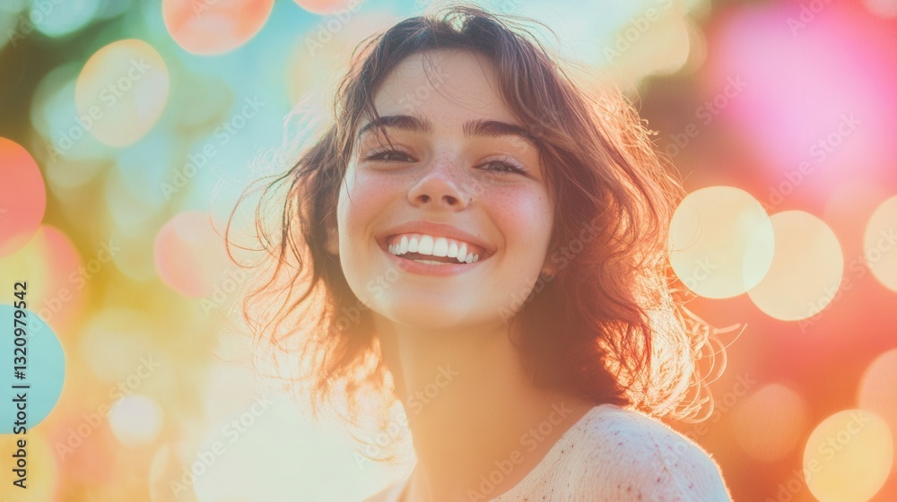 Poster joyful person smiles brightly after dental implants against a pastel background with soft bokeh ligh