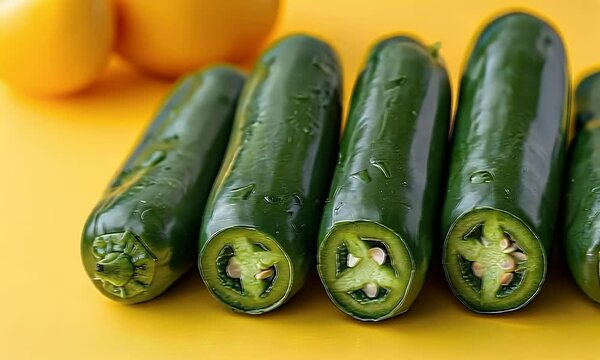 Fresh green jalape?os sliced, close-up on yellow background, perfect for food blogs or recipes