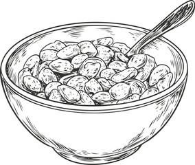 Hand-drawn sketch of a cereal bowl with a spoon, illustrating breakfast.