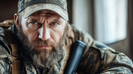 Obraz premium This image captures a serious soldier with an intense expression, embodying resilience and strength, providing a glimpse into the world of military and discipline.