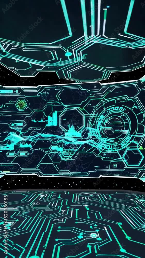 Poster futuristic digital interface with dynamic circuitry and data visualizations
