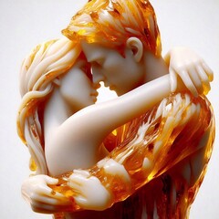 3D sculpture of a man hugging a woman skillfully made of fossilized resin (amber), realistic, detailed texture, transparency, golden shades, luxurious shine