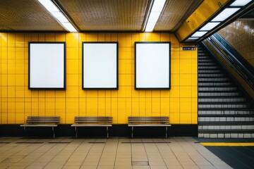 Empty advertising posters on a yellow subway wall.  Three blank billboards, mounted on a mustard-yellow tiled wall, inside a modern metro station.  Waiting area with benches