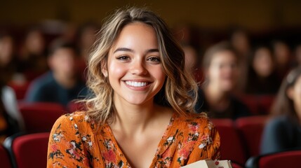 A happy girl with wavy hair and an inviting smile sits in a cozy classroom, exuding warmth and friendliness in a vibrant academic atmosphere filled with eager learners.