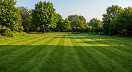 Obraz premium Lush green lawn with striped patterns under soft morning light