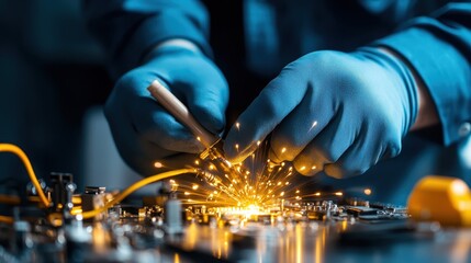 A focused technician is seen working meticulously on a circuit board, igniting sparks as they use professional tools, embodying high-tech repair and craftsmanship.