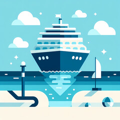 Flat vector illustration of a luxury cruise ship on the ocean, simple and clean geometric design, blue and white colors.