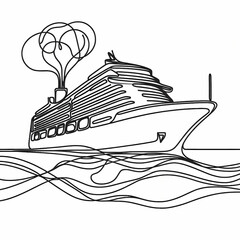 Continuous one-line drawing of a cruise ship, abstract flowing lines forming a sleek and minimalistic representation of a ship.