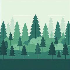 Obraz premium Flat vector illustration of a dense green forest with trees of different sizes, clean and simple geometric design.