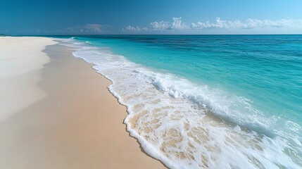 Pristine Tropical Beach with Turquoise Ocean Waves and Soft White Sand Horizon