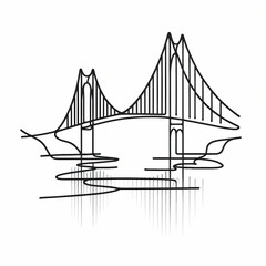Continuous one-line drawing of a suspension bridge, abstract smooth lines forming a minimalistic silhouette with cables and pillars.