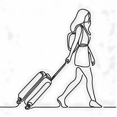 Continuous one-line drawing of a person pulling a suitcase, smooth and abstract lines forming a simple travel representation.