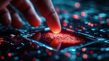 Close-Up of a Finger Touching a Glowing Red Circuit Board with Intricate Patterns