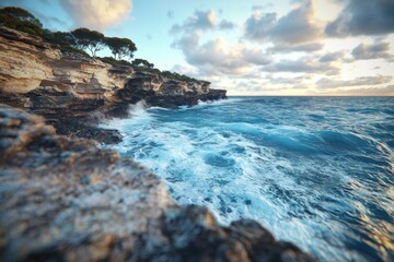 Obraz premium Picturesque coastal landscape featuring rocky cliffs, azure sea and cloudy sky, evoking a sense of tranquility and beauty on a sunny day, perfect for travel destinations.