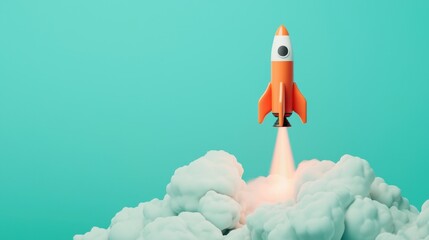 Cartoonish rocket launching into a bright turquoise sky, surrounded by fluffy clouds and emitting a vibrant orange flame during a whimsical and imaginative adventure