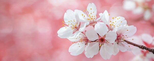 Obraz premium Close-up of cherry blossoms against a soft pink background