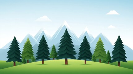 Fototapeta premium Serene Landscape with Pine Trees and Majestic Mountains Under a Clear Blue Sky in a Cartoon Style Illustration