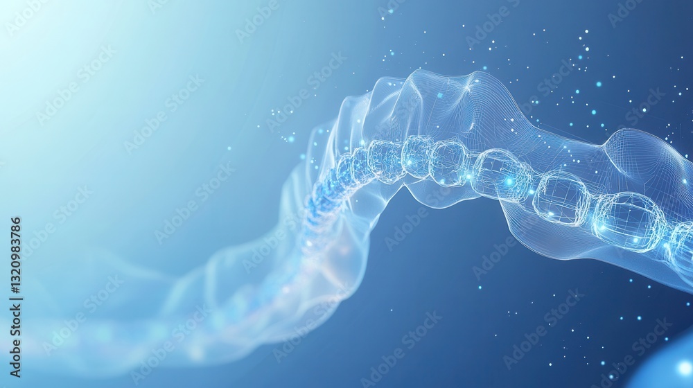 Poster modern dental braces design with gradient blue background and glowing wireframe effect showcasing de