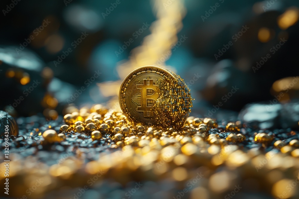 Poster a golden bitcoin coin amidst scattered golden beads, half dissolving into binary code representing t