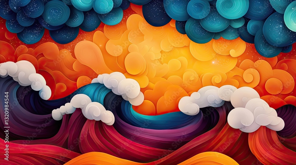 Poster vibrant color art abstract background concept. a vibrant abstract design of waves and clouds in warm