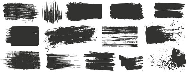 Set of abstract black brush strokes on white background for design use.
