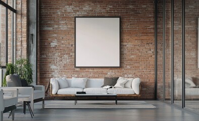 Modern loft living room with blank art piece