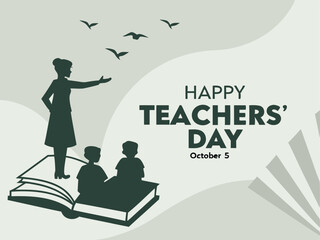 Happy Teachers' Day Vector Illustration – Open Book with Teacher and Students Silhouette