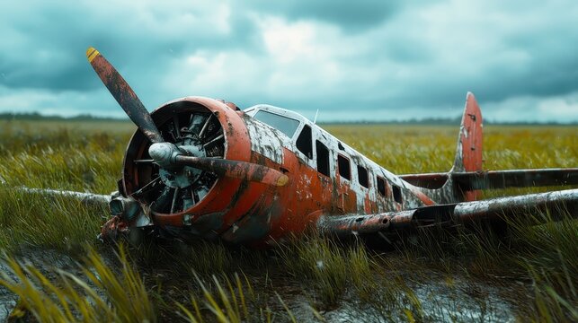 An abandoned crashed plane lies in a grassy field, showcasing the remnants of aviation history, juxtaposed against nature's tranquility and the passage of time.