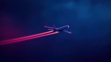 Naklejka premium Airplane flying through a vibrant twilight sky with colorful contrails trailing behind against a backdrop of dramatic clouds