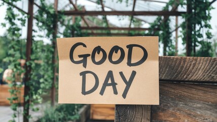 Good Day message on a rustic wooden structure surrounded by lush greenery.