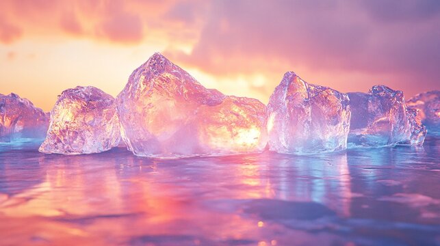 Translucent ice formations reflecting vibrant colors in the early evening sky - Powered by Adobe