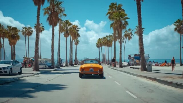 Classic convertible cruising along palm-lined streets near the beach on a sunny day