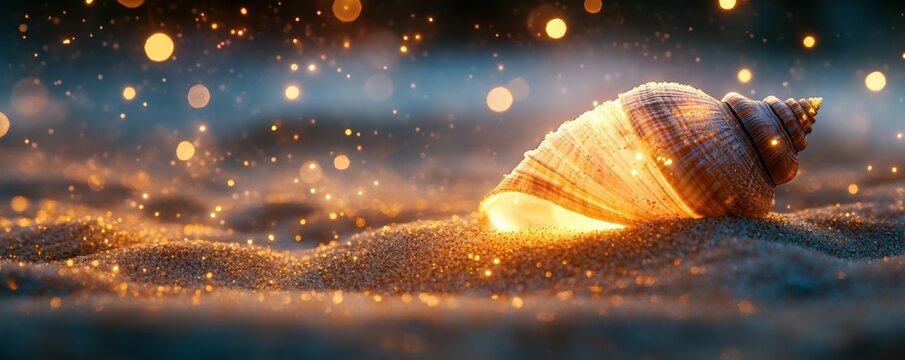 Illuminated sea shell on sparkling sand at sunset with magical bokeh effect