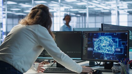 Admin panicking after computer crash affecting server room AI workloads, spamming keyboard keys. Artificial intelligence employee struggling to repair data center systems after network failure, camera