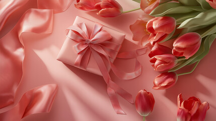 Mother's Day concept. stylish pink giftbox with ribbon bow and bouquet of tulips on isolated pastel background