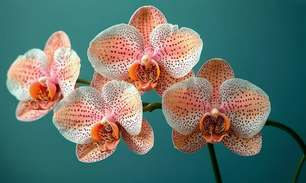 Peach orchids blooming, teal background, close-up studio shot; ideal for spa, wellness, beauty