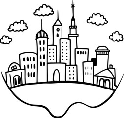 Obraz premium Black and White Hand Drawn Cityscape with Skyscrapers and Clouds