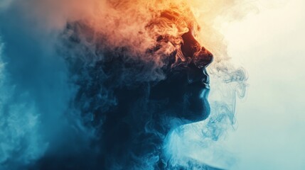 Silhouette of a person with smoke forming a thought bubble with vibrant colors