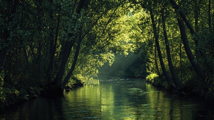 Obraz premium Sunlight filtering through trees along a tranquil river landscape