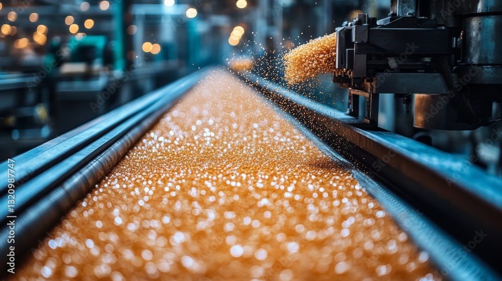Aufkleber an automated factory showcases the manufacturing process, with orange granules cascading along conve